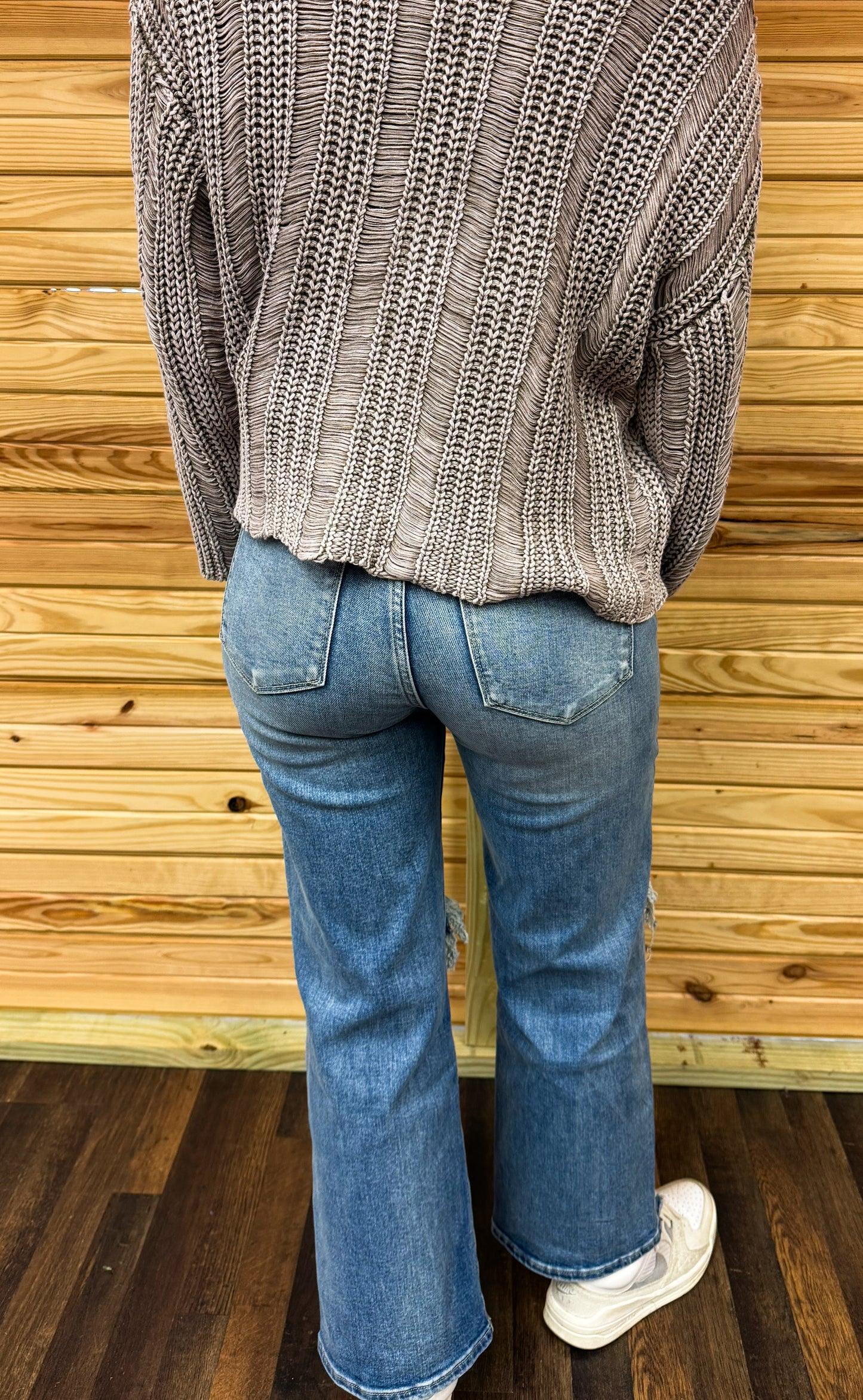 High Rise Stretch Slim Wide Leg Destroyed Hem