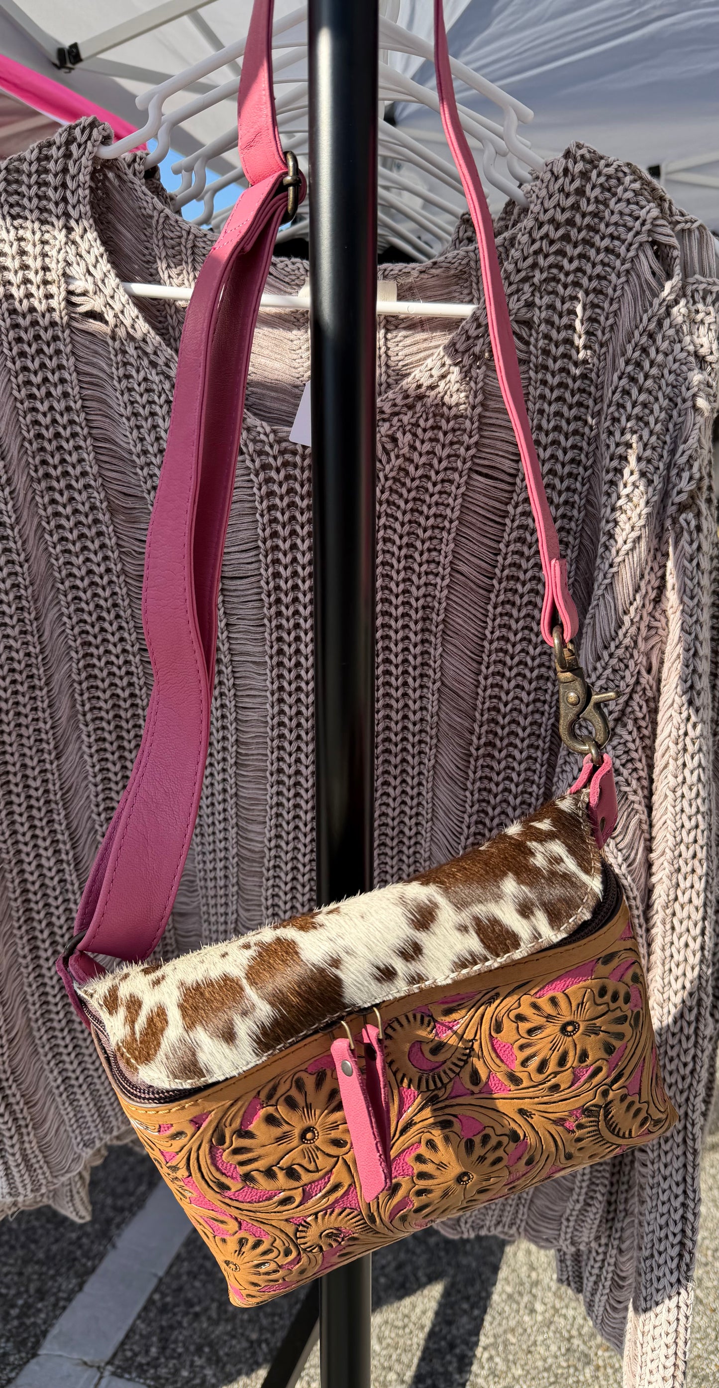 Pink Cowhide & Tooled Leather Floral Sling Bag