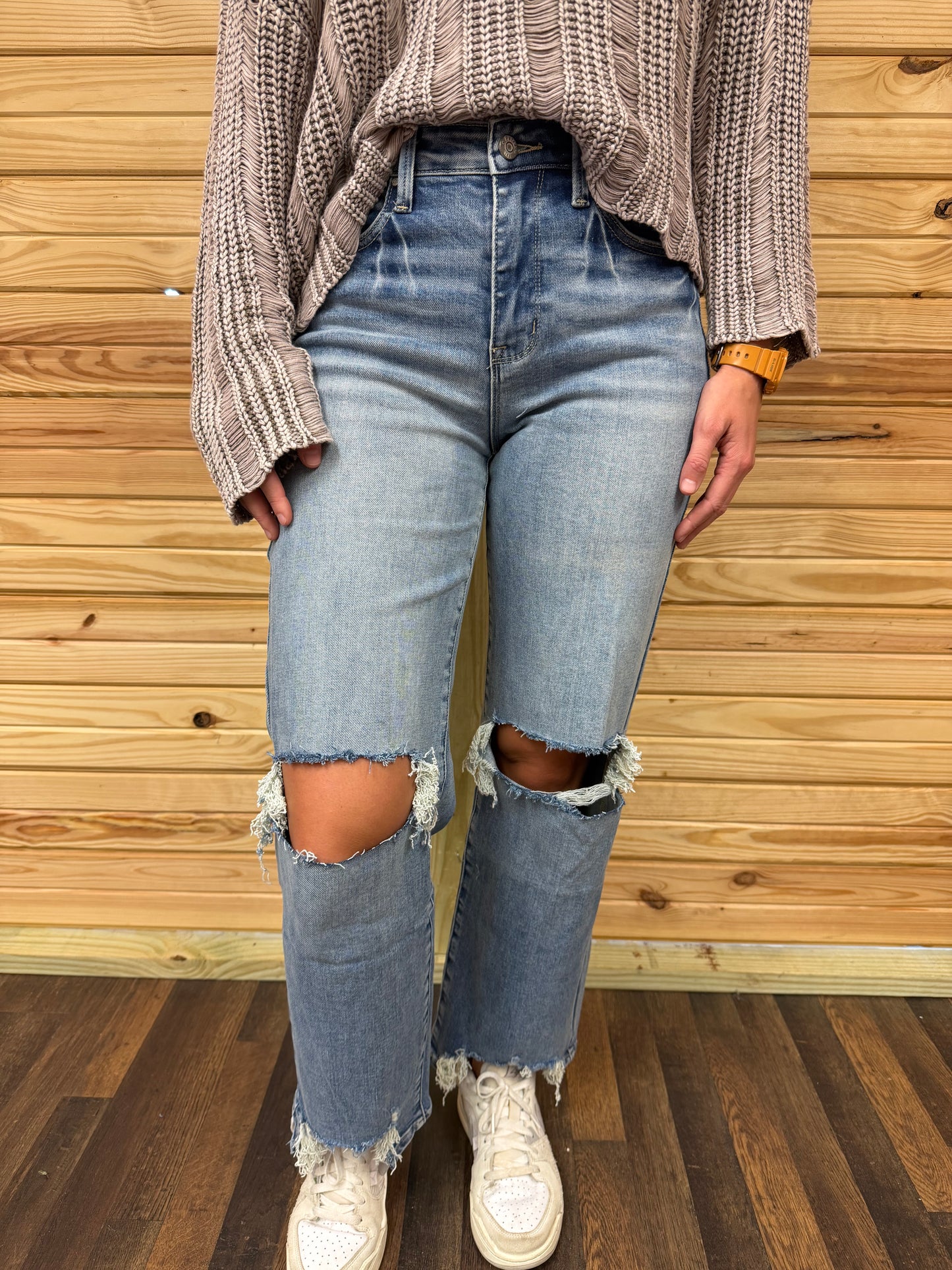 High Rise Stretch Slim Wide Leg Destroyed Hem