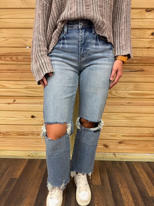 High Rise Stretch Slim Wide Leg Destroyed Hem